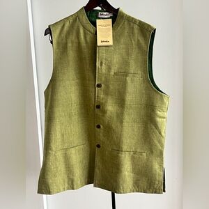 NWT Fabindia Green Sleeveless Nehru Jacket 100% Khadi Cotton handwoven lined
L